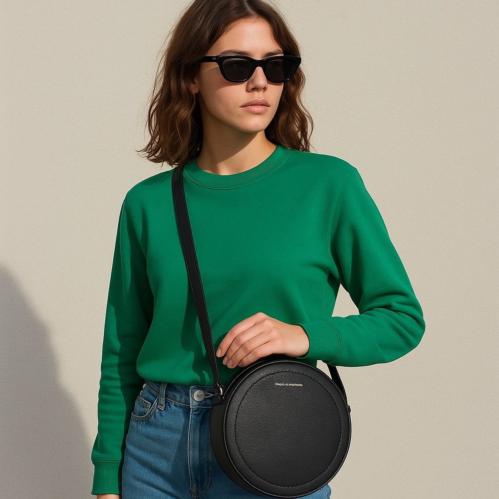 French Connection Black Pebbled Leather Round Crossbody Adjustable Bag